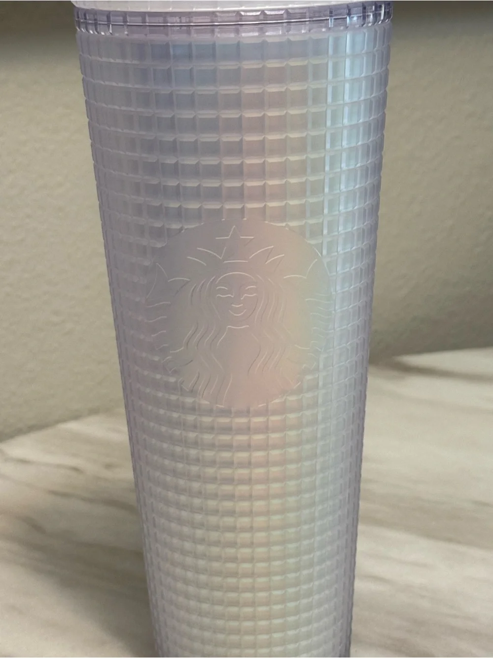 Starbucks Spring 2022 Soft Touch Iridescent Frost White Grid Tumbler in a 24 oz